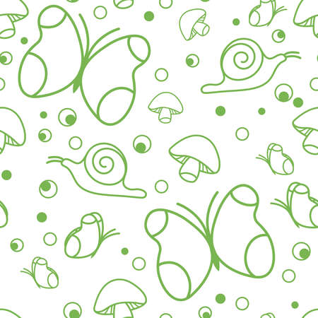 Nature Elements Seamless Pattern for Textile with Butterfly, Snail and Mushroom.のイラスト素材