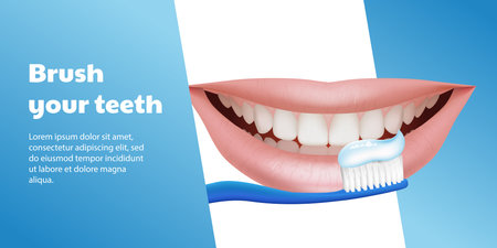 Toothbrush and toothpaste on blue background. Healthy teeth, smiling realistic mouth Vector illustration.のイラスト素材