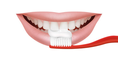 Realistic smiling Mouth Toothbrush and toothpaste on white background. Vector illustration.のイラスト素材