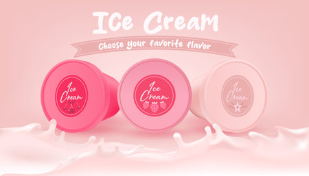Realistic vector cream container mockup. Pink frozen yogurt in 3D jar. Food packaging design with branding. Delicious dairy dessertのイラスト素材