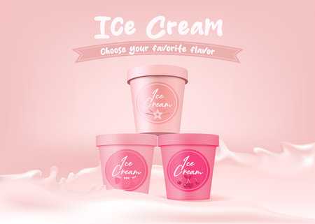 Realistic yogurt cream container mockup. Pink label plastic bucket with lid. 3D vector illustration for dairy dessert packaging designのイラスト素材