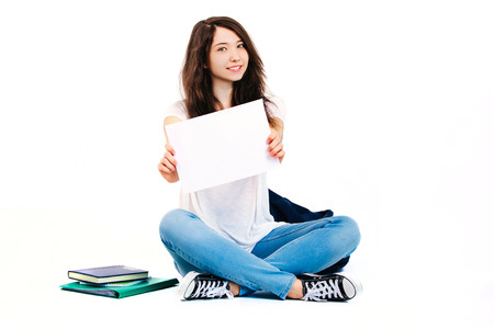 Student with backpack and books on white background.の写真素材