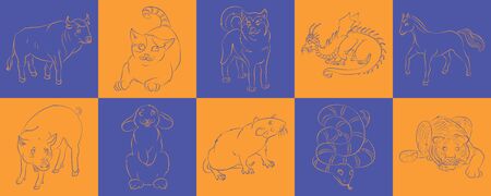 bull, cat, dog, dragon, horse,  pig, rabbit, rat, snake, tiger