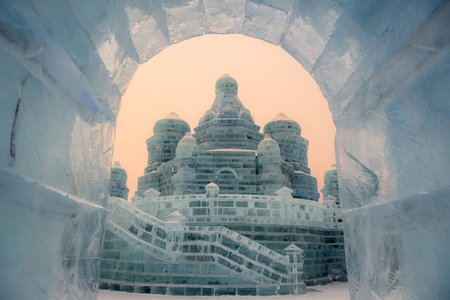 Ice building in close up during the sunset, Harbin, Heilongjiang, China.