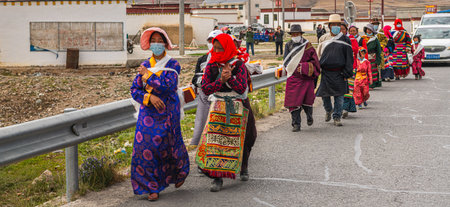 Unidentified Tibetan pilgrims around Sakya Monastery, Tibet - China