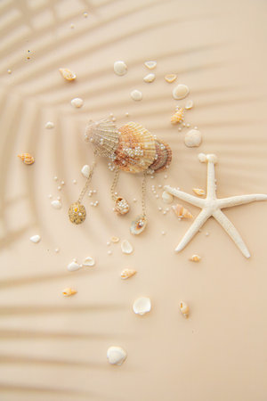 Beautiful hairpin hairgrip made of small clams surrounded by small seashells and starfish, diy handmade conceptの写真素材