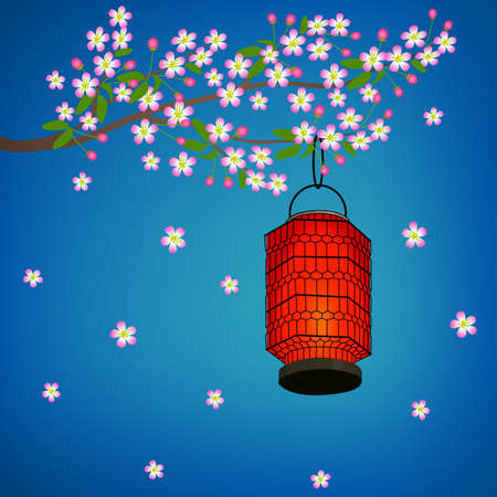 Chinese lantern on a flowering branch of Sakura at nightのイラスト素材