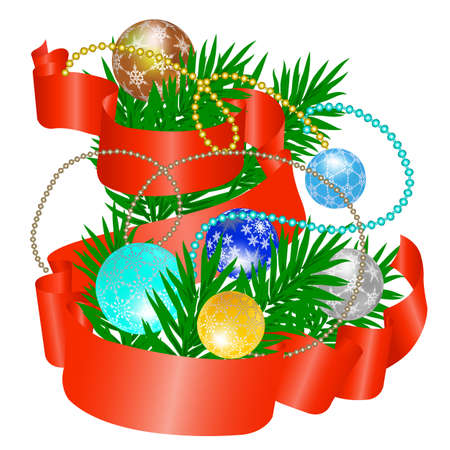 Card with Christmas balls with fir branches and red ribbonのイラスト素材