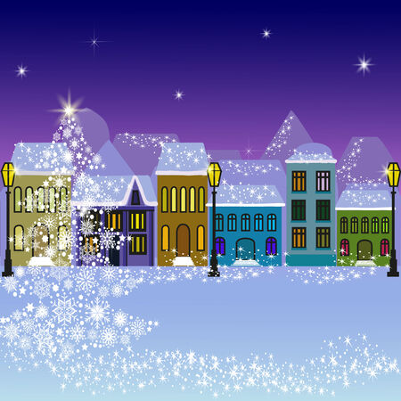 Christmas card with snow-covered houses and treeのイラスト素材