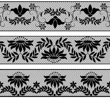 Set of black floral lace borders on white backgroundのイラスト素材