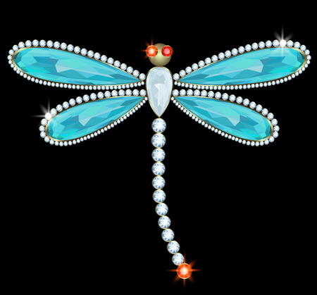 Dragonfly brooch diamond, aquamarine and ruby on black backgroundのイラスト素材