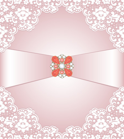 Lace frame with ribbon and jewelery on a pink backgroundのイラスト素材