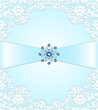 Lace frame with ribbon and jewelery on a blue backgroundのイラスト素材