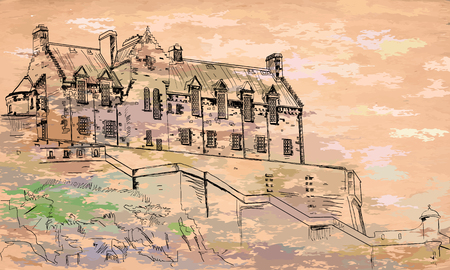 Outline drawing of an old castle on colored paperのイラスト素材