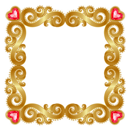Delicate gold frame with ruby hearts on a white backgroundのイラスト素材