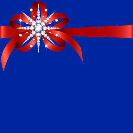 Diamond snowflake with red ribbon and bow on blueのイラスト素材