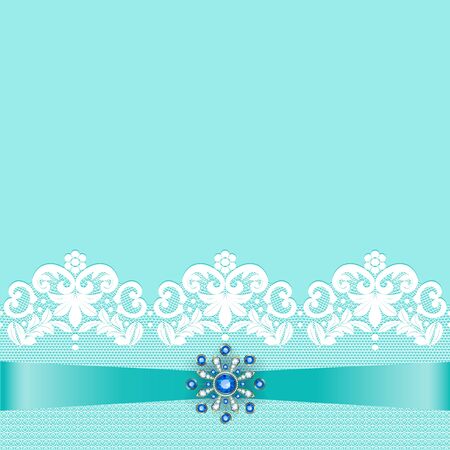 Lace border with ribbon and jewelery on turquoiseのイラスト素材