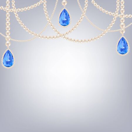 Pearl necklace jewelry with sapphire pendants on gray backgroundのイラスト素材