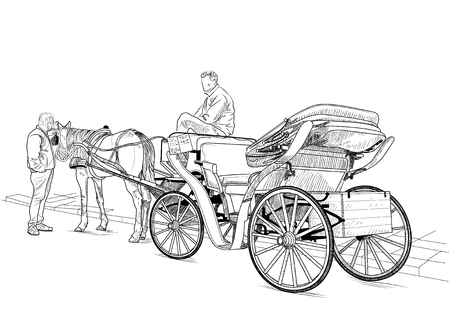 Drawing carriage with a horse and two menのイラスト素材
