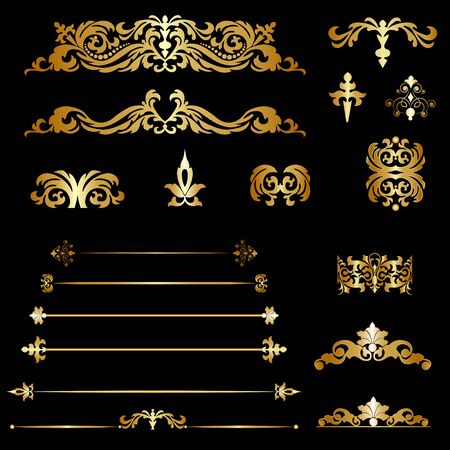 Set gold decorative elements on a black backgroundのイラスト素材