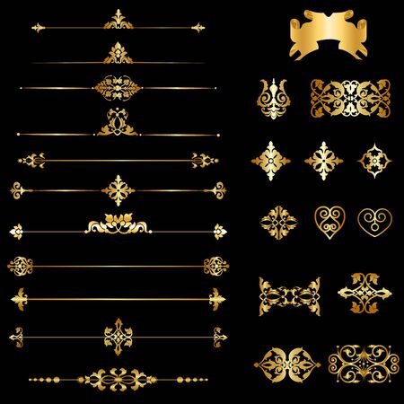 Collection of gold decorative borders and dividers elements on blackのイラスト素材