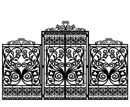 Black Vintage wrought-iron gates and fence on a white backgroundのイラスト素材