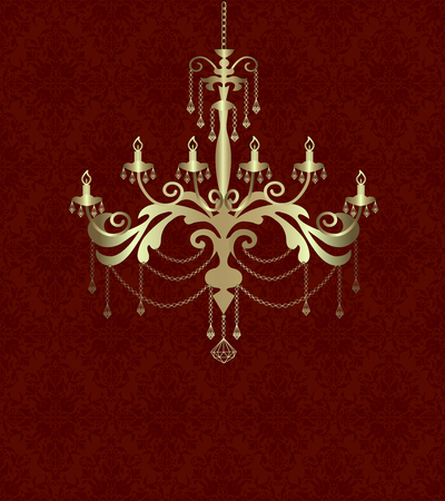Golden silhouette of a chandelier on a red backgroundのイラスト素材