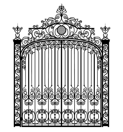Black metal gate with forged ornaments on a white backgroundのイラスト素材