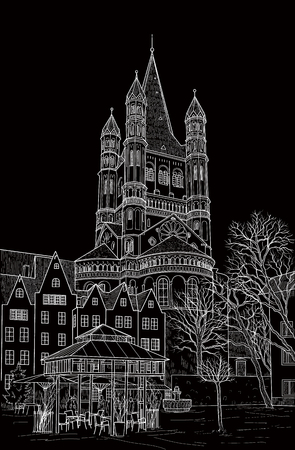 Sketch of the Cathedral of St. Martin in Cologne. Germany. Painted with chalk on blackのイラスト素材