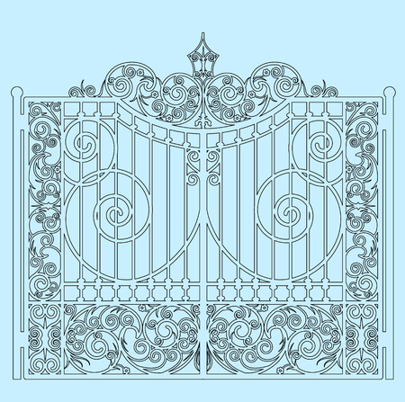 white metal gate with forged ornaments on a blue backgroundのイラスト素材