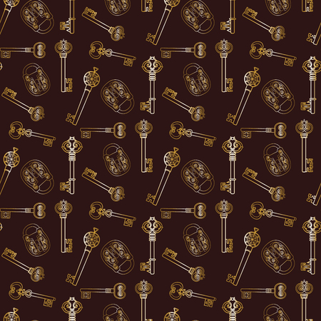 pattern of vintage keys and locks on a dark brown backgroundのイラスト素材