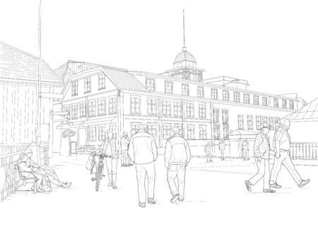 sketch of a street with walking peopleのイラスト素材