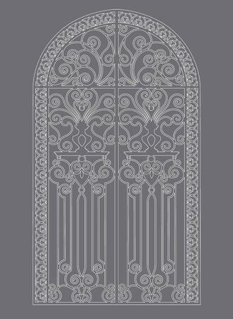 white iron gate with forged ornaments on a gray backgroundのイラスト素材