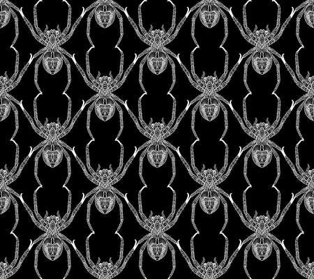 pattern of white decorative spiders on a black backgroundのイラスト素材