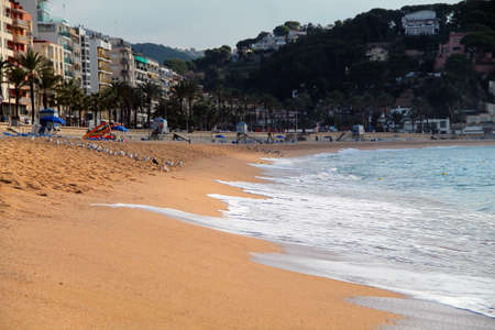 beach in the morning. view of the sea and the beach and town. Beautiful sea landscape with blue sky...