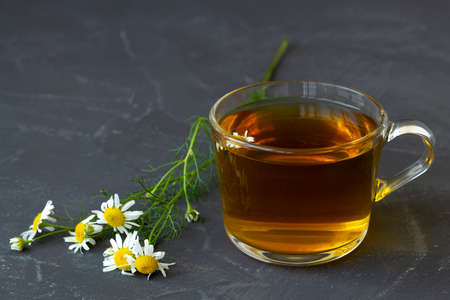 mug of chamomile tea. glass cup of iced Herbal chamomile tea on a white table with copy space. cup of tea with fresh flowers and green leaves on white background.の写真素材