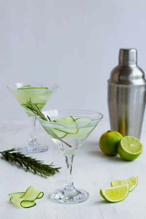 martini with lime and rosemary. Cucumber water with lime. martini glass of lemonade and shaker with slices of lime and cucumber on the white table. cold alcohol drinks with copy space.の写真素材