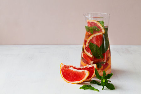 Glass jug of Cocktail grapefruit with fruits. fresh Grapefruit juice with green mint on beige background. grapefruit lemonade. Refreshing summer drinks. copyspace.の写真素材