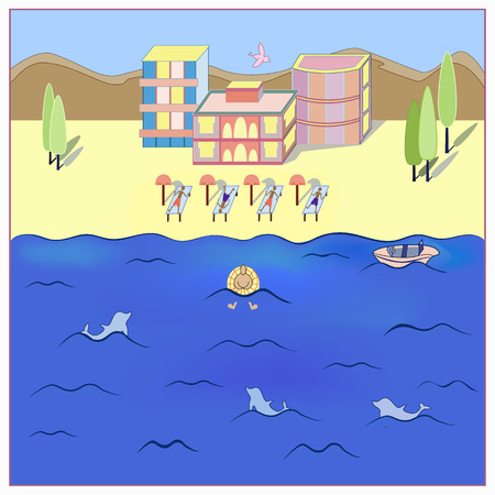 Postcard overlooking the sea, beach, dolphins and hotelのイラスト素材