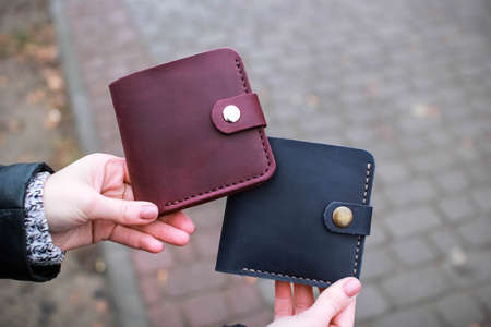 Leather men's and women's leather walletsの写真素材
