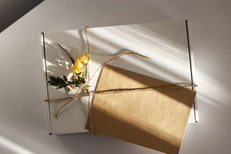 Gift wrap with envelope in white and beige colorsの写真素材