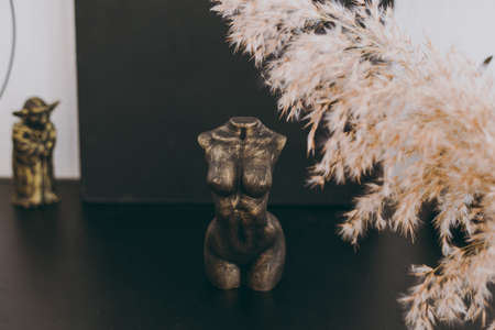 A stone figurine in the shape of a female figure stands on the table as decorの写真素材