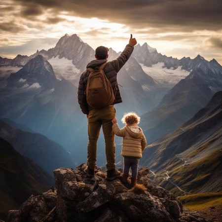 Tourism Day, man and child looking at the mountain, generative AIの素材