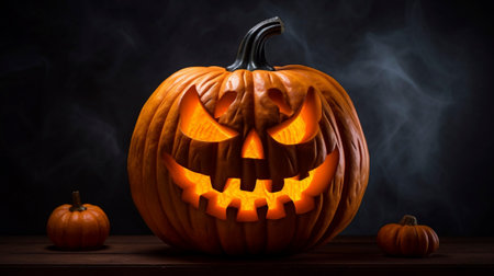 Halloween, pumpkin with glowing eyes on dark background, generative AIの素材