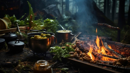 A day of tourism, cooking food over a campfire, generative AIの素材