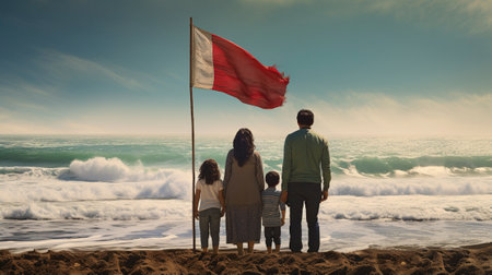 Mexico Day, family standing near the ocean, holding a Mexican flag, generative AIの素材