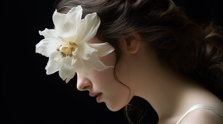 Delicate girl with a flower in her hair, generative AIの素材