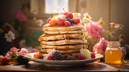 A feast of pancakes, a stack of pancakes in a plate on the table, generative AIの素材