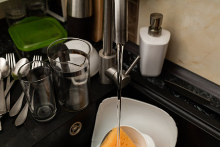 Dirty dishes in the sink with water and a washcloth, cleaning up after mealsの写真素材