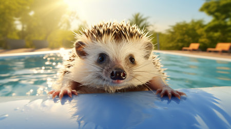 The hedgehog swims in the pool in the summer, generative AIの素材